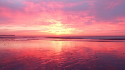 Obraz premium A peaceful sunrise at the beach, warm pink and orange tones reflecting in the shallow water.