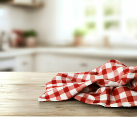 Fototapeta premium Rustic Kitchen Mockup with Checkered Towel and Blurred Background, Ideal for Culinary Presentations and Product Promotion, Offers Warmth and Authenticity in Visual Storytelling