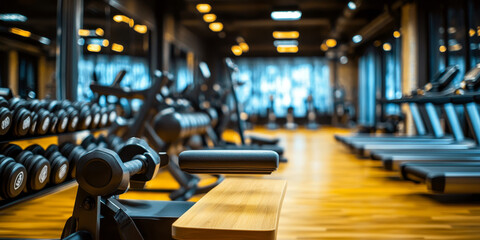 Exercise machines in spacious empty gym interior. Special modern equipment for physical training