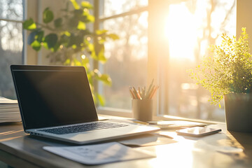 Sunlit workspace ambiance featuring a laptop, stationery, and plant near the window, creating a serene and inspiring setting for productivity and creativity