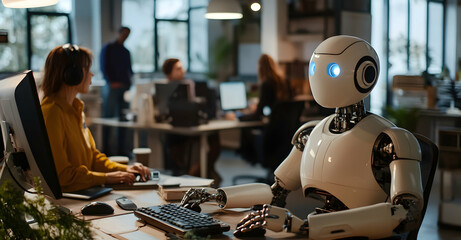 The Future of Work, A Robot Sits at a Desk in a Modern Office with Colleagues, Highlighting the Integration of AI and Automation in Professional Settings