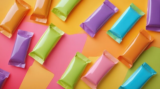 Colorful Candy Bars in Shiny Wrappers on Vibrant Background Layout