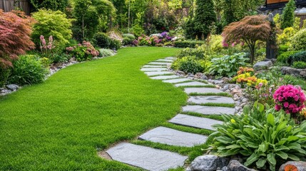 Obraz premium A quiet garden landscape with a winding stone path through lush greenery, open space for text.