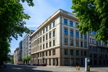 Obraz premium Urban Landscape, Modern Architecture and Tranquil Streetscape on Sunny Day, Showcasing City Buildings, Lush Green Trees, and Serene Urban Living Environment in Harmony