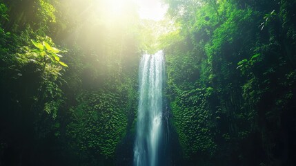 A rainforest waterfall creating a refreshing mist, vibrant sunlight highlighting the natural beauty of the scene.