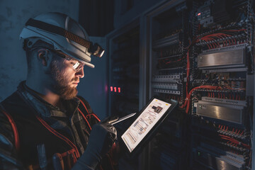 Electrician in overalls, focused on work in switchboard with fuses, using tablet.