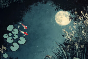 A peaceful and zen inspired digital painting of a koi pond with lily pads, reflecting the soft light of a full moon.