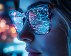 Woman with smart glasses reflecting digital code, symbolizing technology and innovation in a futuristic world, and advanced information processing