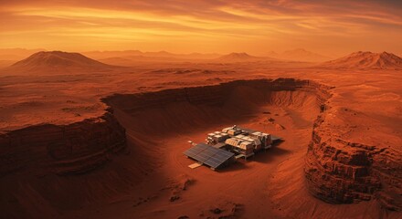 Mars exploration rover in deep crater during orange sunset on red planet surface. Scientific research base for space mission. Martian landscape with mountains