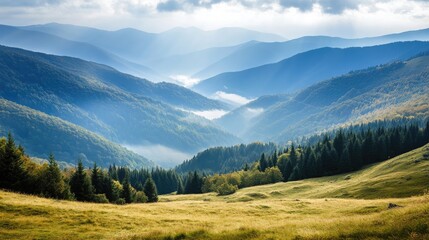A remote mountain landscape with rolling hills and dramatic cliffs, open composition with space.