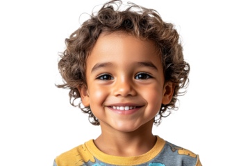 A young boy with curly hair beams joyfully