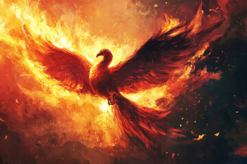 A digital painting of a phoenix rising from flames, representing resilience, renewal, and personal strength.
