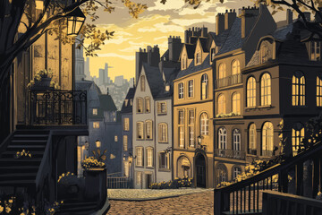 Naklejka premium A vintage inspired travel poster featuring a picturesque European cityscape, with detailed old buildings, cobblestone streets, and warm golden lighting.