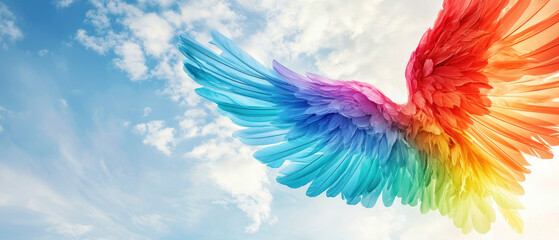 Obraz premium An Abstract rainbow wings unfurled against sky background, representing freedom and hope