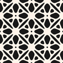 Black and white seamless pattern. Simple vector monochrome geometric floral ornament. Abstract background texture with bold flower silhouettes, leaves, lattice, rounded shapes, tiles. Repeated design