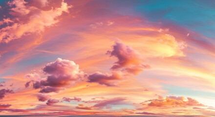 Obraz premium Painted Sky: Dramatic, multi-hued clouds swirling across a vibrant sky, a mesmerizing spectacle of nature's artistry.