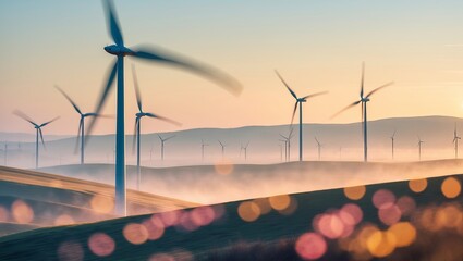 Wind turbines rotate gracefully in the early morning light over rolling hills