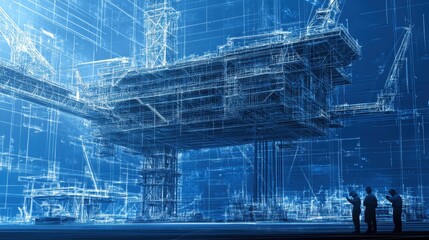 Fototapeta premium Detailed Blueprint of Offshore Oil Rig with Engineers in Action