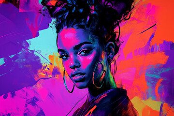 A creative and energetic graffiti style digital illustration, with bold spray paint strokes, neon colors, and urban street art elements.