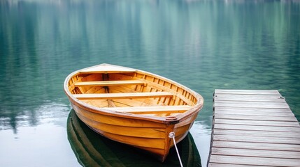 Obraz premium A small wooden rowboat tied to a dock on a still lake, peaceful and spacious composition.