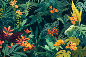 A vibrant jungle illustration with exotic flowers, dense foliage, and hidden wildlife, creating a lush, immersive tropical scene.