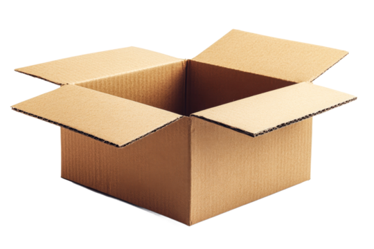Open flap cardboard box on white background
