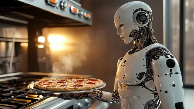 Futuristic robot chef baking pizza in a modern kitchen setting