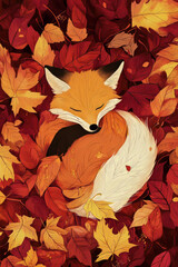 Fototapeta premium A charming illustration of a sleepy fox curled up in a bed of autumn leaves, its fur blending beautifully with the warm red, orange, and yellow tones around it.