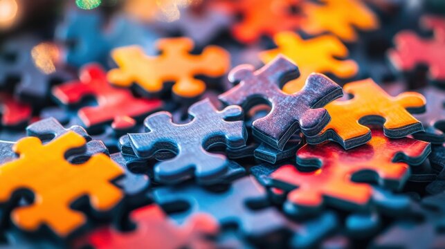 Colorful jigsaw puzzle pieces scattered on a surface with blurred festive lights in the background