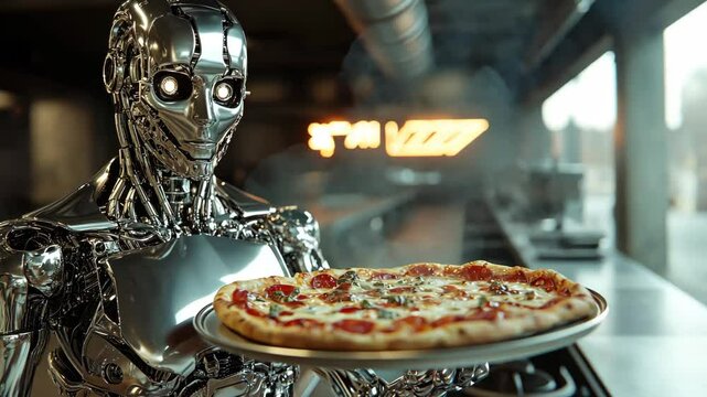 Futuristic robot chef serving hot pepperoni pizza in a modern kitchen
