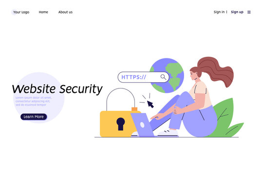 Using browser with https protocol illustration. Woman searching website address with security. Concept of web protection, ssl certificate for web Design, UI, banners
