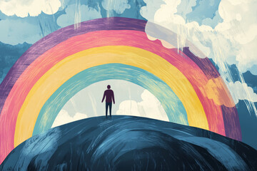 A detailed illustration of a person emerging from a storm, with a rainbow and clear skies ahead, signifying the resilience to face and rise above personal challenges.