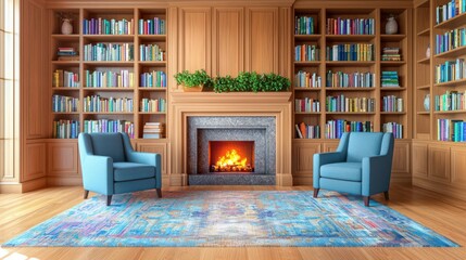 Cozy library with blue chairs, a fireplace, and bookshelves filled with books.