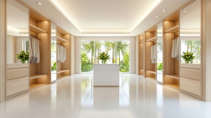 Obraz premium Modern showroom with spacious design, natural light, and elegant decor featuring mirrored cabinets and greenery.