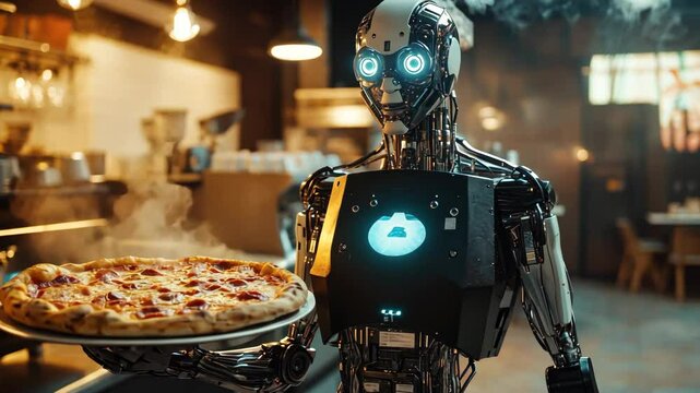 Futuristic robot chef serving hot pizza in modern restaurant setting