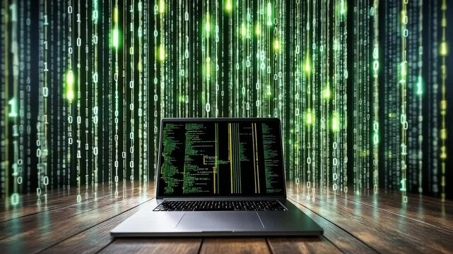 Laptop Displaying Code in Digital Binary Matrix Embracing Technology and Programming