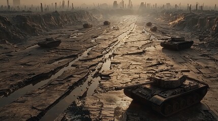 Post-Apocalyptic Battlefield with Abandoned Tanks