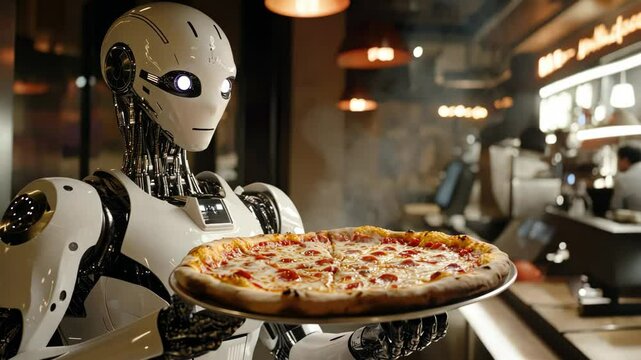 Futuristic robot serving hot pizza in modern restaurant setting