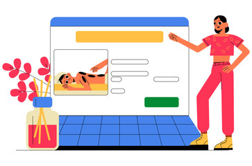 Female Therapist Presenting Online Massage Booking In Flat Vector Illustration Symbolizing Spa Services, Digital Wellness, And Self Care, Isolated On White Background