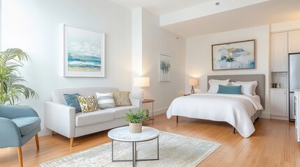 Bright and modern bedroom with a cozy seating area and stylish decor.