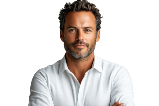 Confident man with curly hair in white shirt