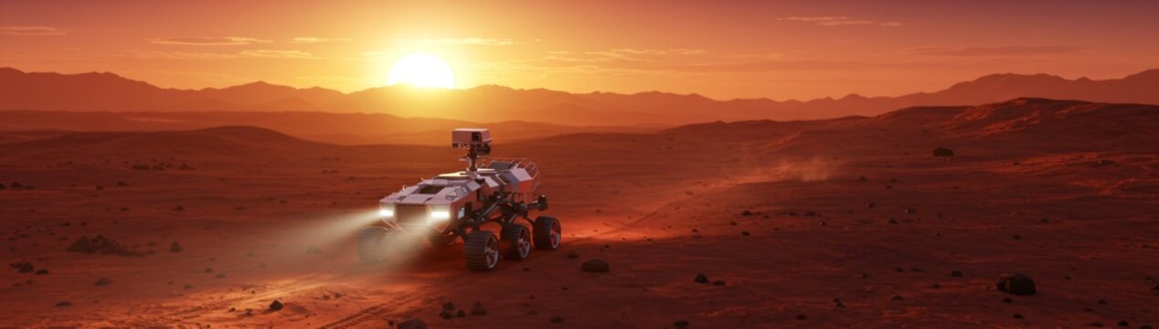 Mars rover exploring red planet surface at sunset. Space exploration vehicle on rocky martian terrain with mountains in distance. Future colonization mission concept