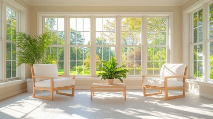 Bright, airy sunroom with two chairs and greenery, perfect for relaxation and casual gatherings.