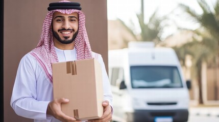 Arabian delivery man in thobe and ghutra, ready to serve.