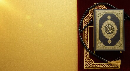 ramadan background with quran and prayer beads on golden surface ideal for spiritual designs in us europe and japan markets