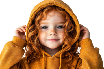 Young child with curly red hair in cozy hoodie