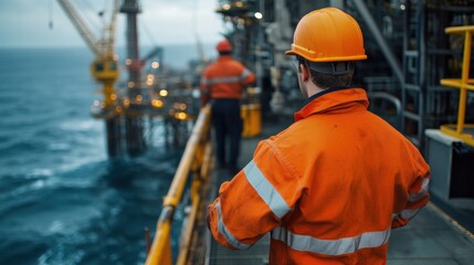 Worker in Orange Safety Gear Overlooking Offshore Oil Rig Operations