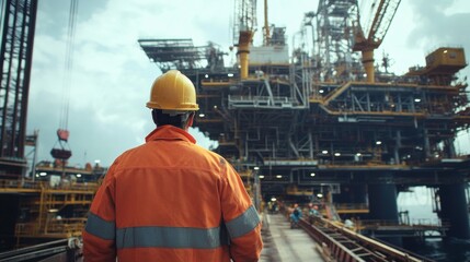 Worker in Safety Gear Observing Industrial Construction Site