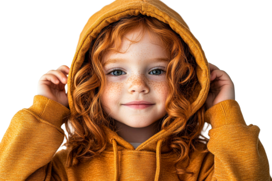 Young child with curly red hair in cozy hoodie