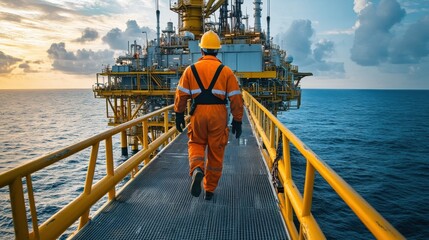 Worker in Safety Gear Walking Towards Oil Platform at Sunset